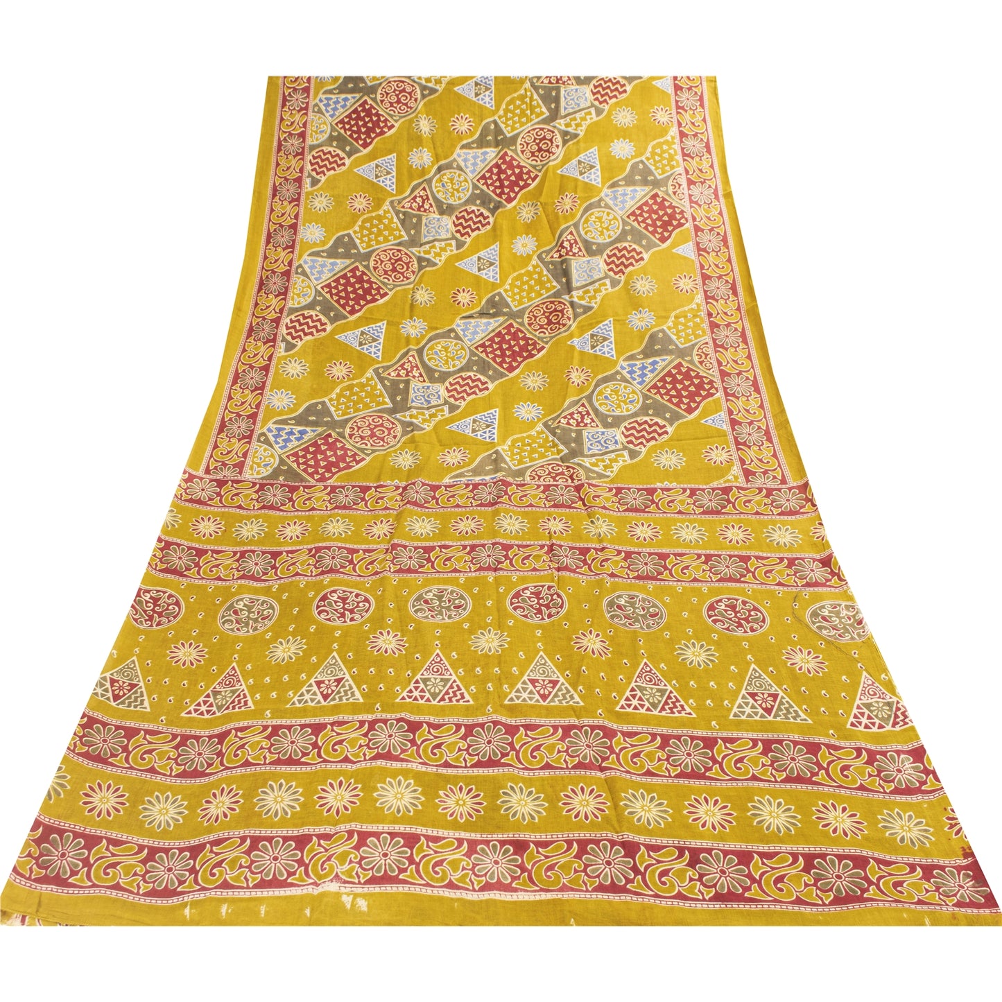 Sanskriti Vintage Sarees Indian Green Pure Cotton Print Sari 5+yd Craft Fabric