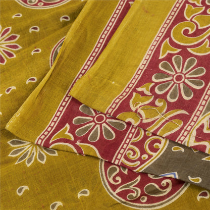 Sanskriti Vintage Sarees Indian Green Pure Cotton Print Sari 5+yd Craft Fabric