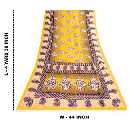Sanskriti Vintage Sarees Indian Yellow Pure Cotton Print Sari 5+yd Craft Fabric