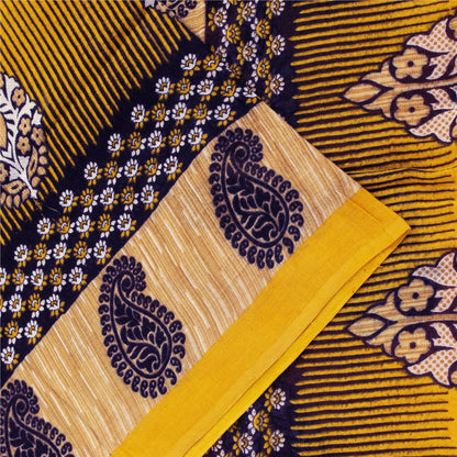 Sanskriti Vintage Sarees Indian Yellow Pure Cotton Print Sari 5+yd Craft Fabric