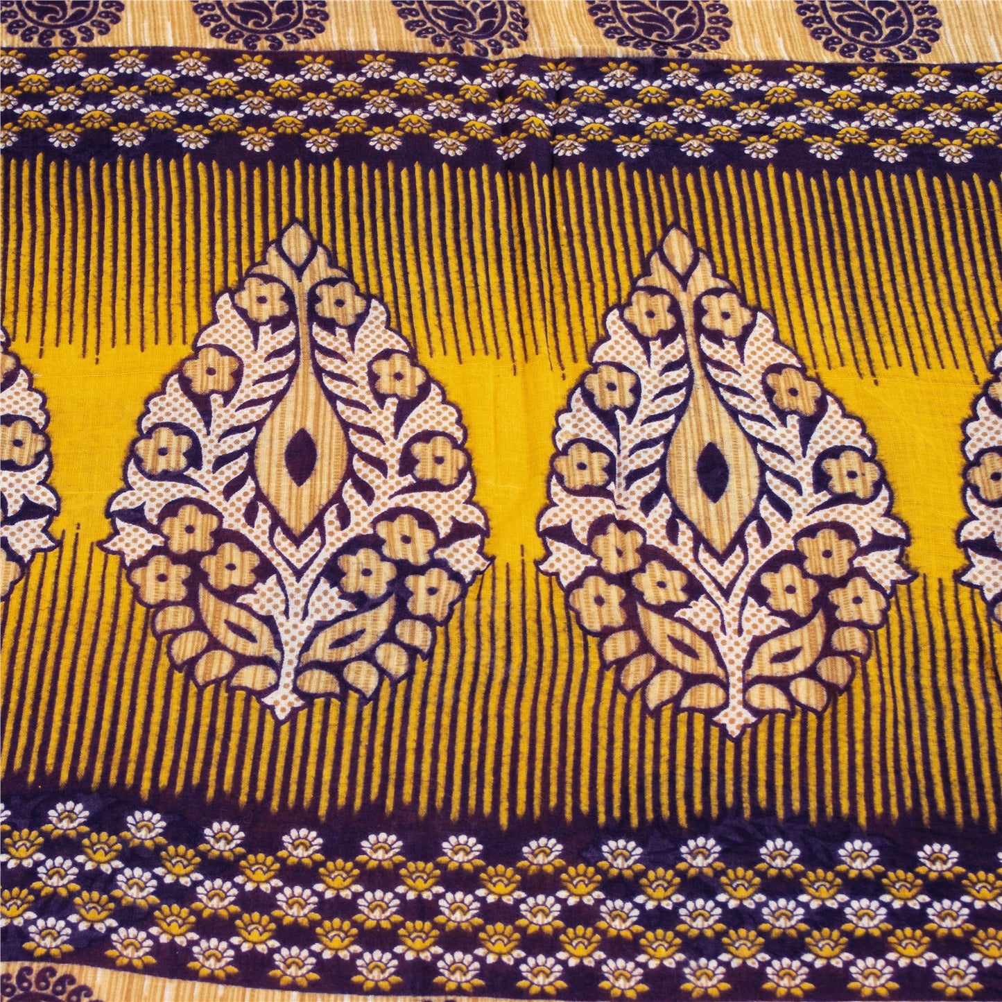 Sanskriti Vintage Sarees Indian Yellow Pure Cotton Print Sari 5+yd Craft Fabric