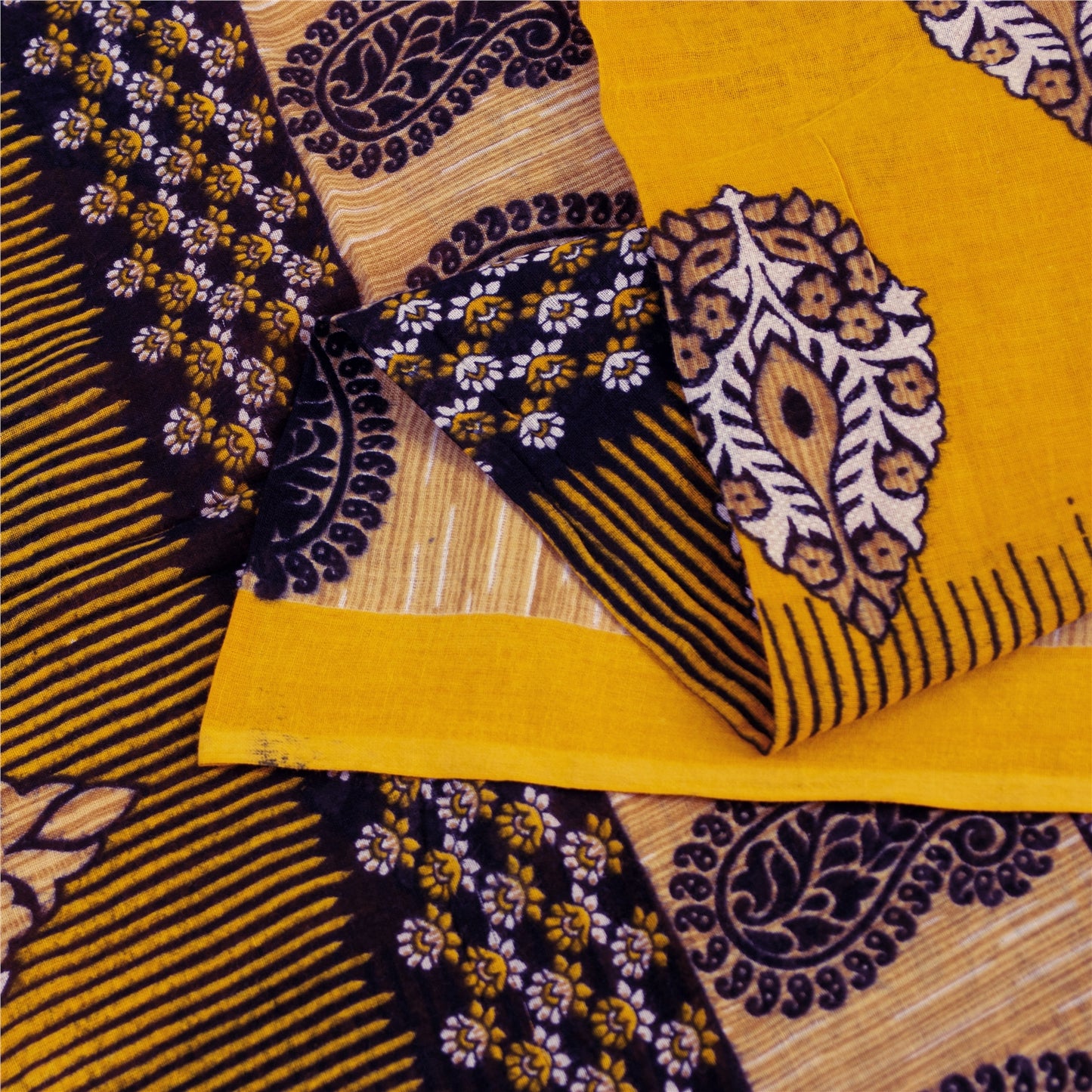 Sanskriti Vintage Sarees Indian Yellow Pure Cotton Print Sari 5+yd Craft Fabric