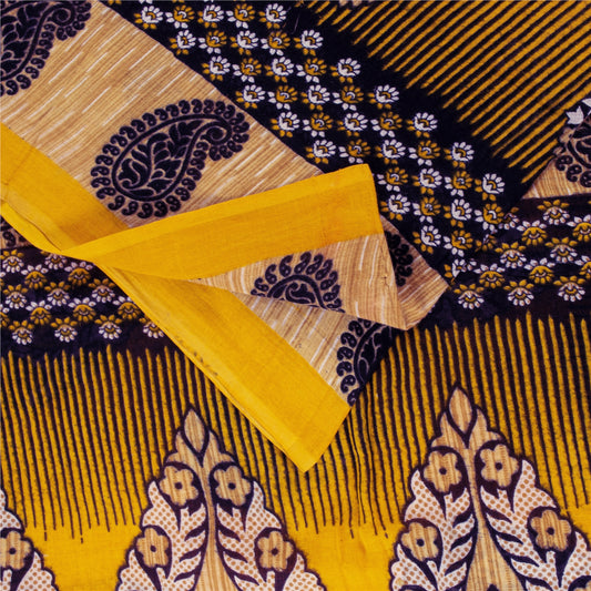 Sanskriti Vintage Sarees Indian Yellow Pure Cotton Print Sari 5+yd Craft Fabric