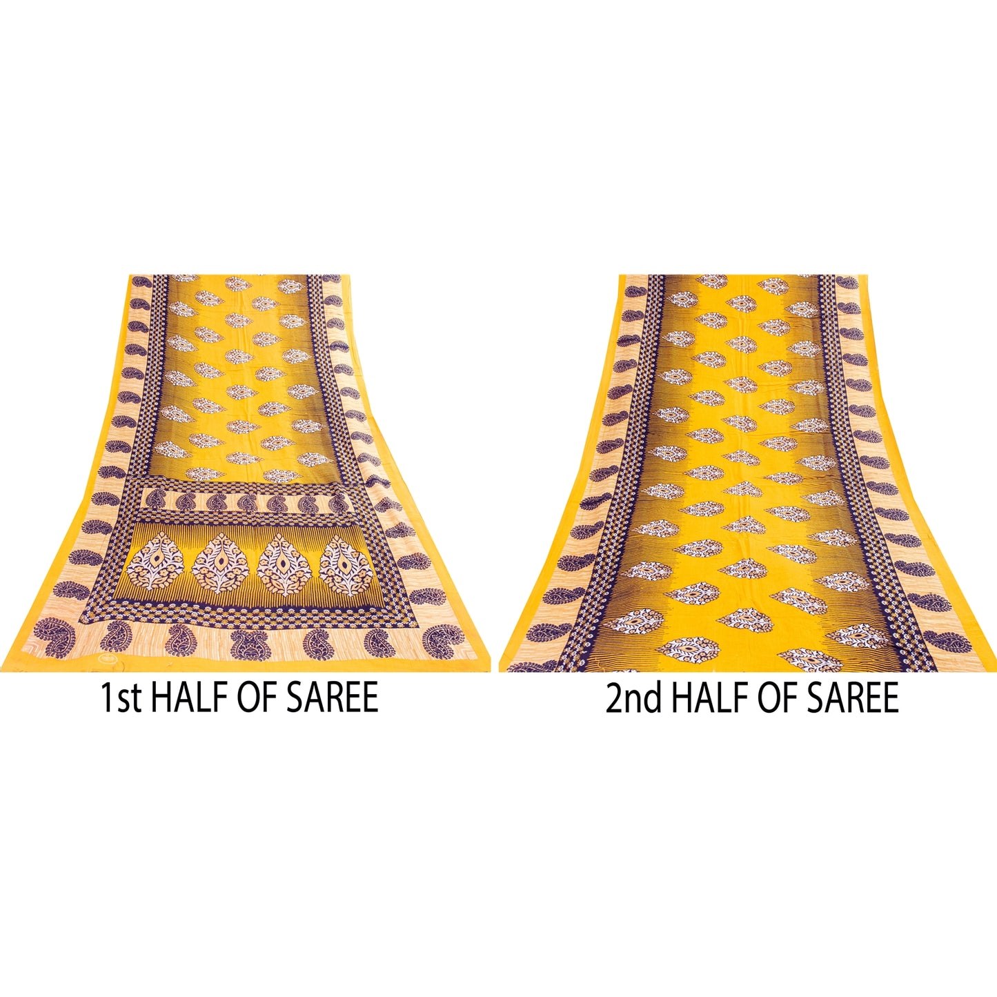 Sanskriti Vintage Sarees Indian Yellow Pure Cotton Print Sari 5+yd Craft Fabric