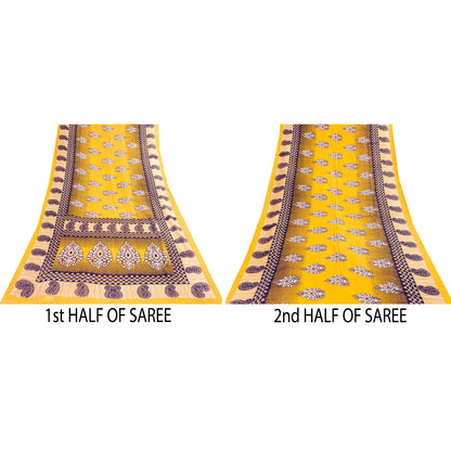 Sanskriti Vintage Sarees Indian Yellow Pure Cotton Print Sari 5+yd Craft Fabric