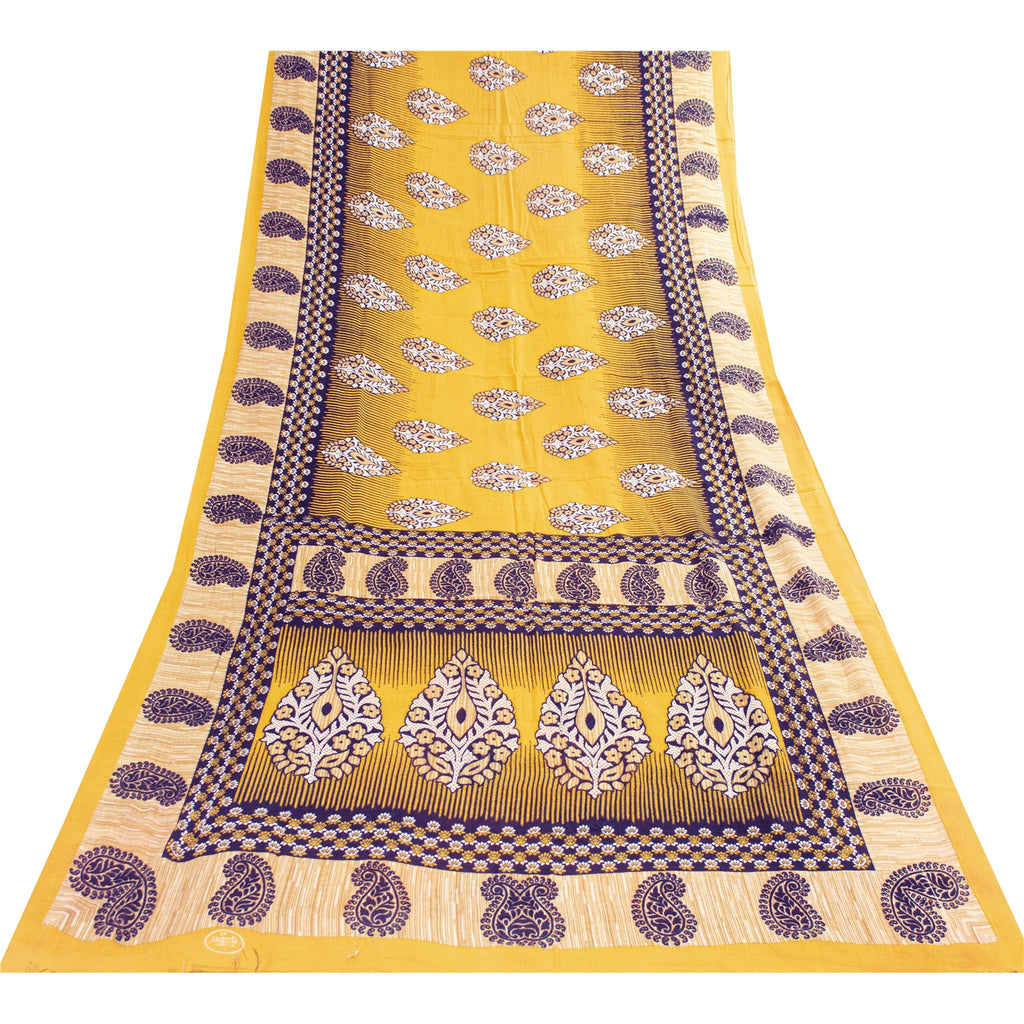 Sanskriti Vintage Sarees Indian Yellow Pure Cotton Print Sari 5+yd Craft Fabric
