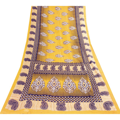Sanskriti Vintage Sarees Indian Yellow Pure Cotton Print Sari 5+yd Craft Fabric