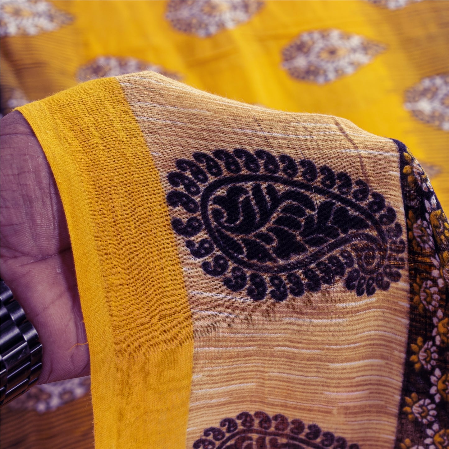 Sanskriti Vintage Sarees Indian Yellow Pure Cotton Print Sari 5+yd Craft Fabric