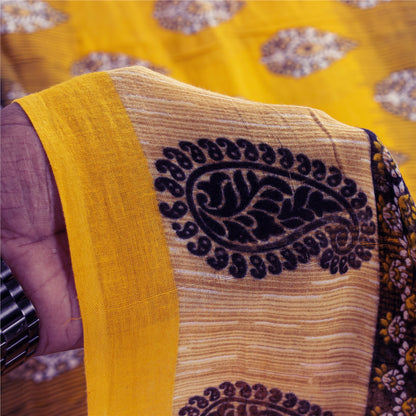 Sanskriti Vintage Sarees Indian Yellow Pure Cotton Print Sari 5+yd Craft Fabric