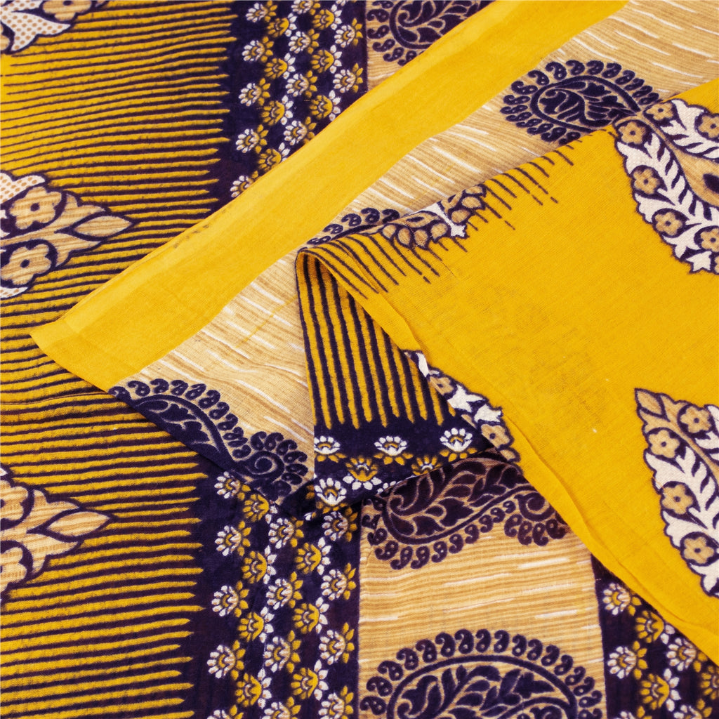 Sanskriti Vintage Sarees Indian Yellow Pure Cotton Print Sari 5+yd Craft Fabric
