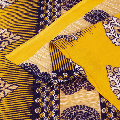 Sanskriti Vintage Sarees Indian Yellow Pure Cotton Print Sari 5+yd Craft Fabric