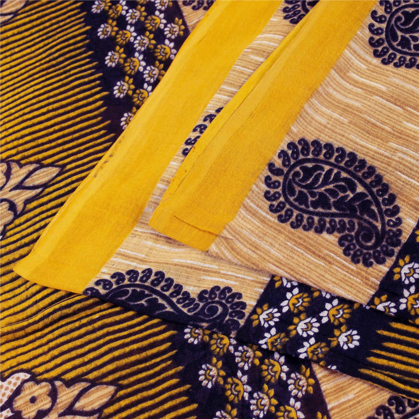 Sanskriti Vintage Sarees Indian Yellow Pure Cotton Print Sari 5+yd Craft Fabric