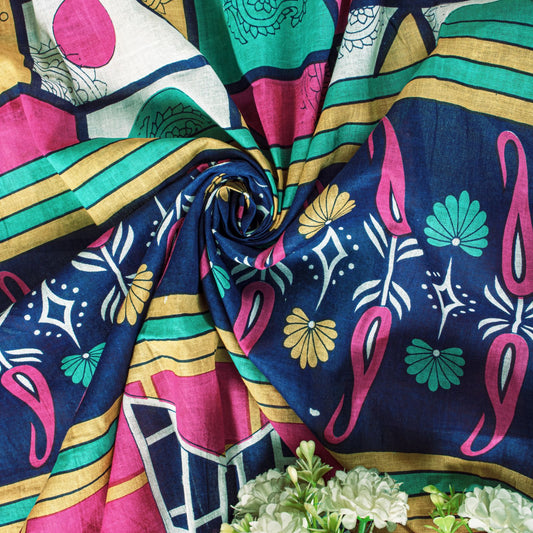 Sanskriti Vintage Saree Multicolor Pure Cotton Geometric Print Sari 5YD Fabric