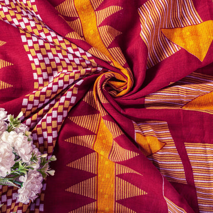 Sanskriti Vintage Saree Red Pure Cotton Geometric Printed Sari 5+YD Fabric Craft