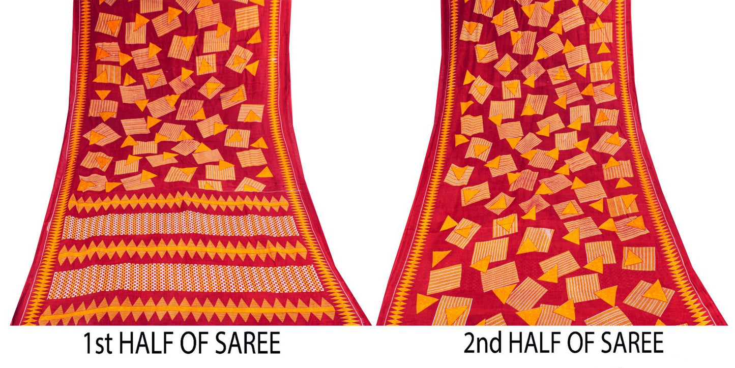 Sanskriti Vintage Saree Red Pure Cotton Geometric Printed Sari 5+YD Fabric Craft