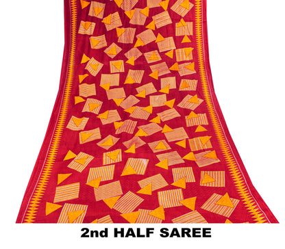Sanskriti Vintage Saree Red Pure Cotton Geometric Printed Sari 5+YD Fabric Craft