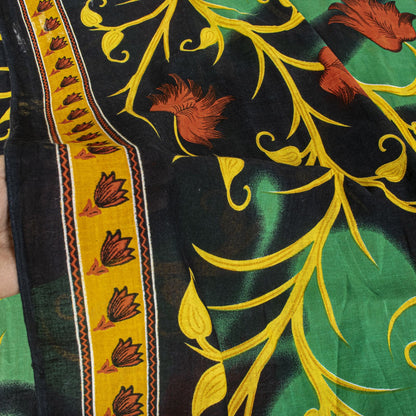Sanskriti Vintage Saree Black-Green 100% Pure Cotton Digital Printed Sari 5+YD Craft Sewing Fabric