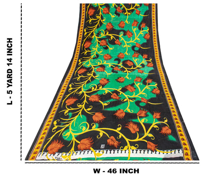 Sanskriti Vintage Saree Black-Green 100% Pure Cotton Digital Printed Sari 5+YD Craft Sewing Fabric