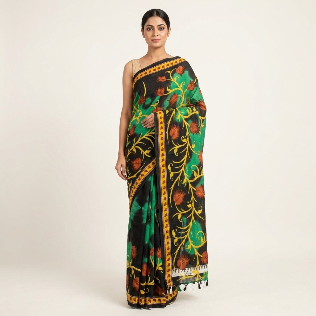 Sanskriti Vintage Saree Black-Green 100% Pure Cotton Digital Printed Sari 5+YD Craft Sewing Fabric