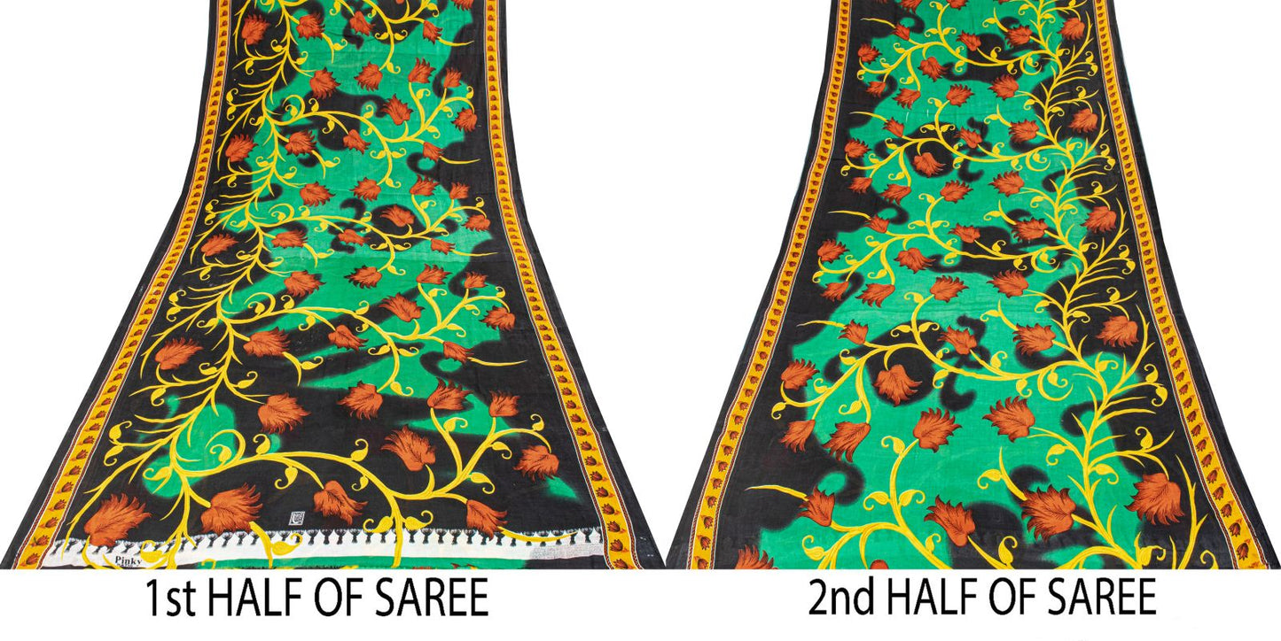 Sanskriti Vintage Saree Black-Green 100% Pure Cotton Digital Printed Sari 5+YD Craft Sewing Fabric