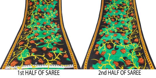 Sanskriti Vintage Saree Black-Green 100% Pure Cotton Digital Printed Sari 5+YD Craft Sewing Fabric