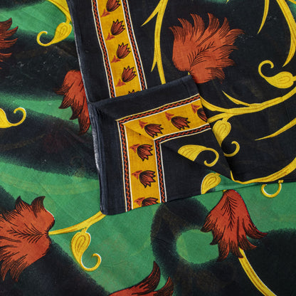 Sanskriti Vintage Saree Black-Green 100% Pure Cotton Digital Printed Sari 5+YD Craft Sewing Fabric