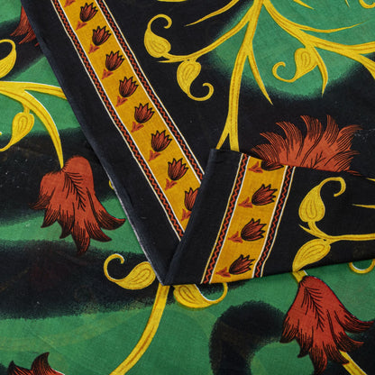 Sanskriti Vintage Saree Black-Green 100% Pure Cotton Digital Printed Sari 5+YD Craft Sewing Fabric