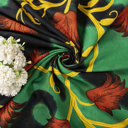 Sanskriti Vintage Saree Black-Green 100% Pure Cotton Digital Printed Sari 5+YD Craft Sewing Fabric