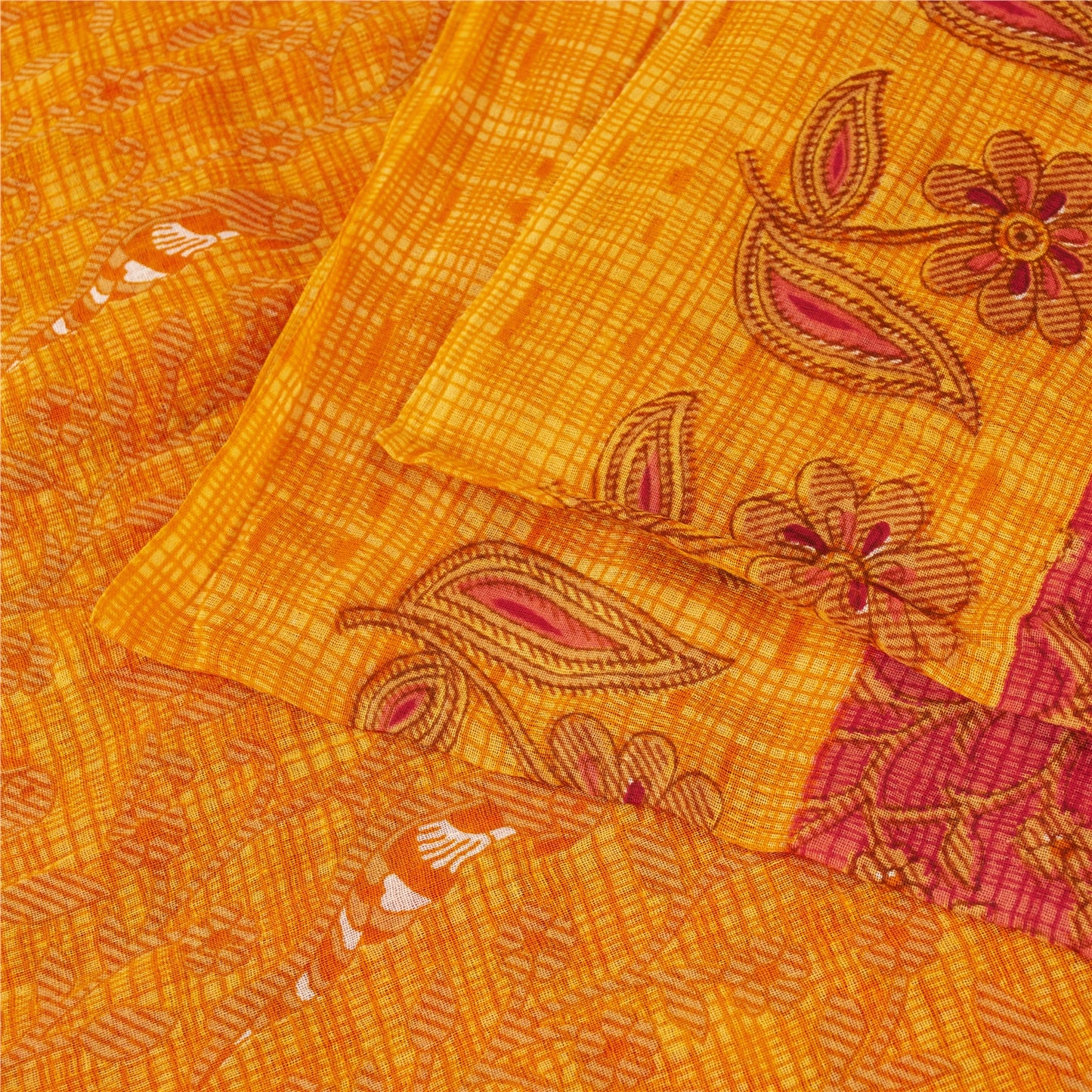 Sanskriti Vintage Sarees Red & Yellow Pure Cotton Printed Sari 5+yd Craft Fabric