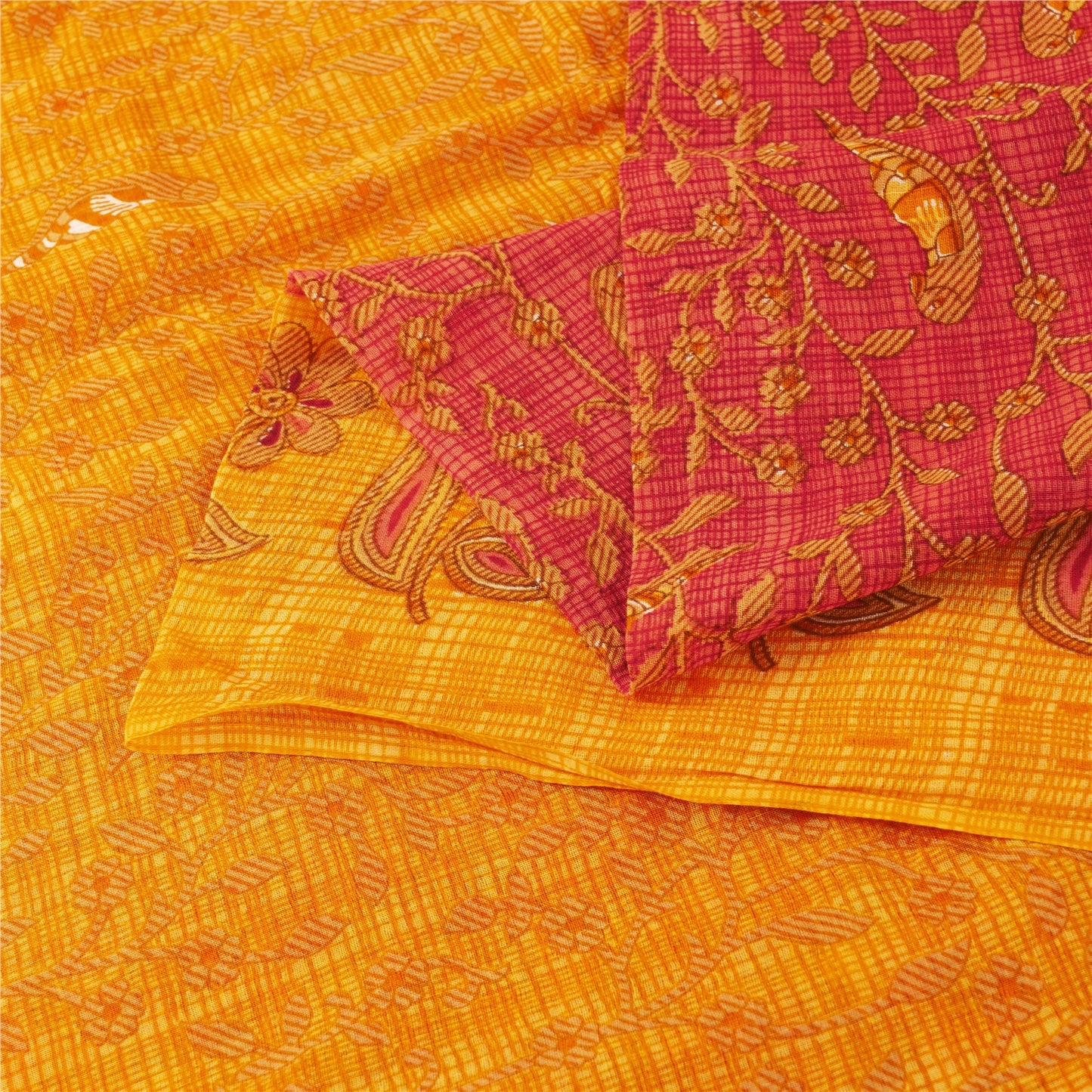 Sanskriti Vintage Sarees Red & Yellow Pure Cotton Printed Sari 5+yd Craft Fabric