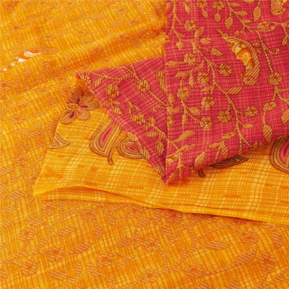Sanskriti Vintage Sarees Red & Yellow Pure Cotton Printed Sari 5+yd Craft Fabric
