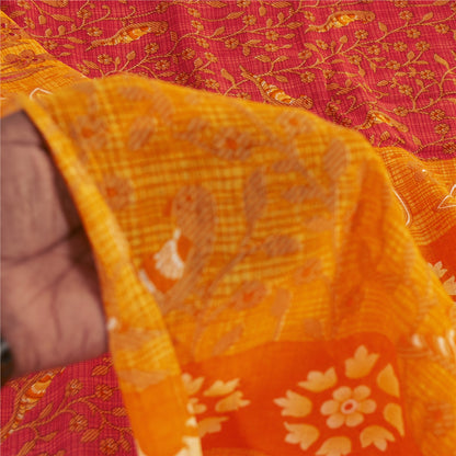 Sanskriti Vintage Sarees Red & Yellow Pure Cotton Printed Sari 5+yd Craft Fabric