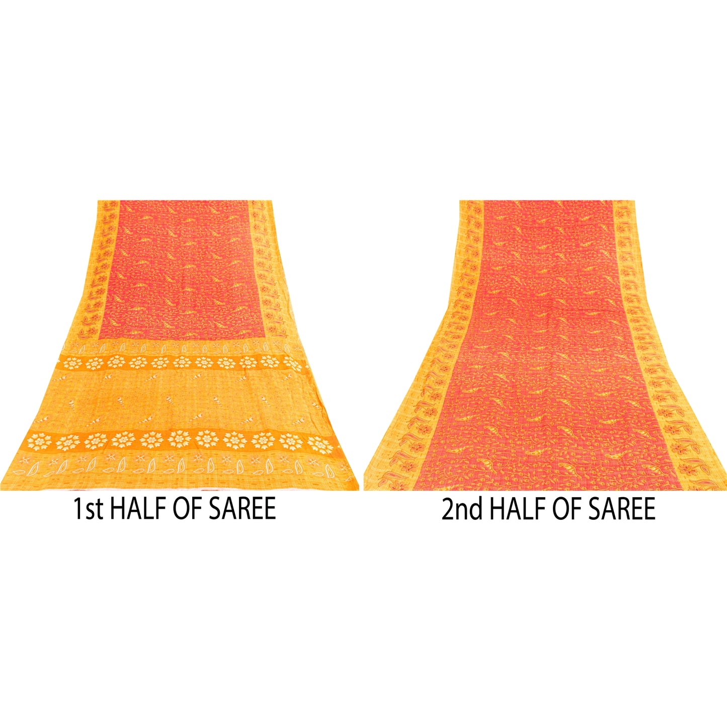 Sanskriti Vintage Sarees Red & Yellow Pure Cotton Printed Sari 5+yd Craft Fabric