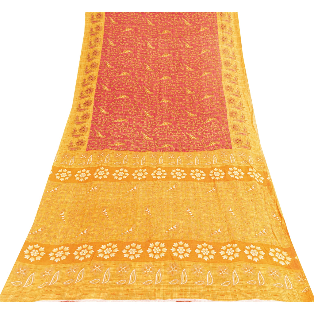 Sanskriti Vintage Sarees Red & Yellow Pure Cotton Printed Sari 5+yd Craft Fabric