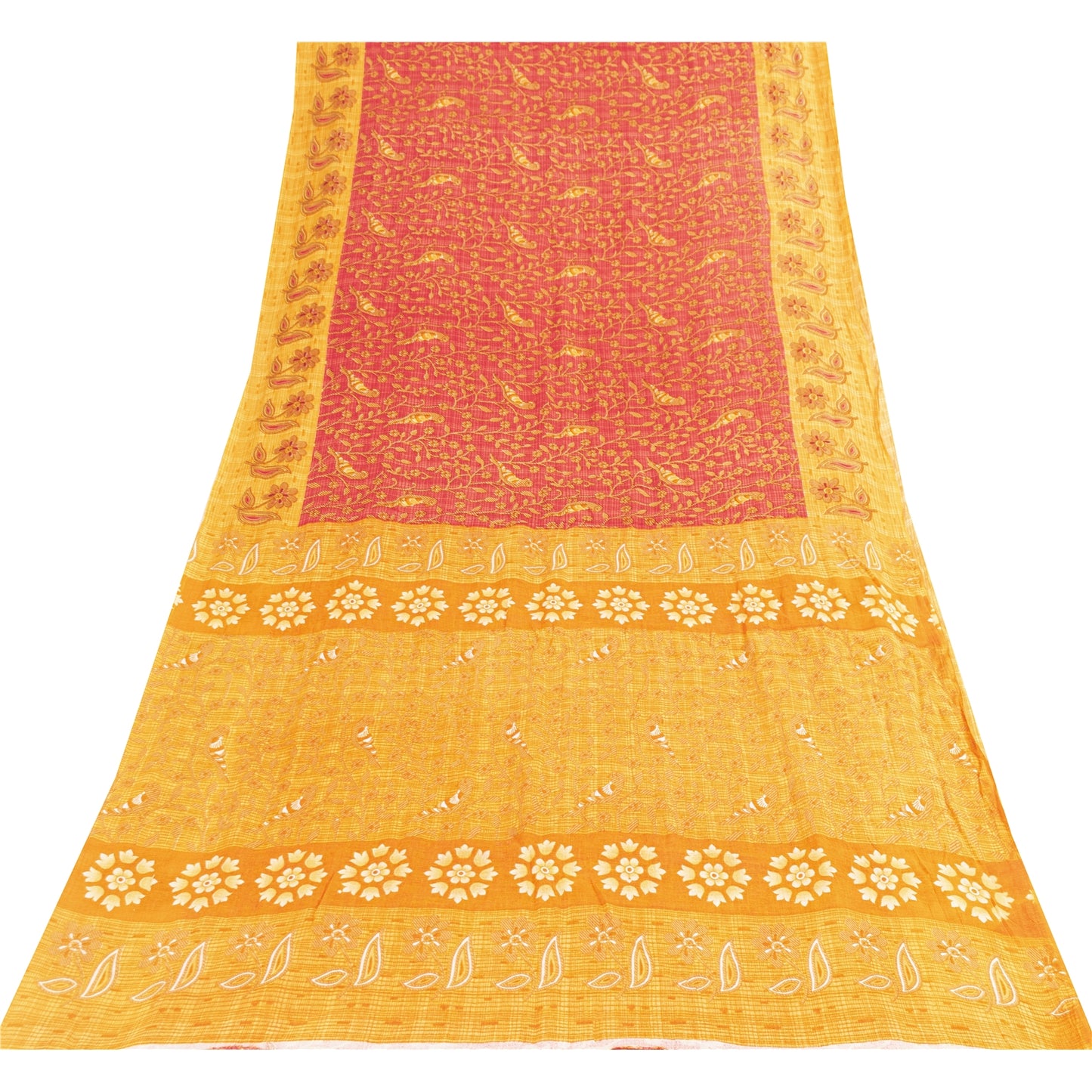 Sanskriti Vintage Sarees Red & Yellow Pure Cotton Printed Sari 5+yd Craft Fabric