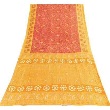 Sanskriti Vintage Sarees Red & Yellow Pure Cotton Printed Sari 5+yd Craft Fabric