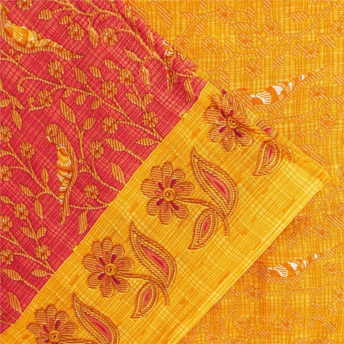 Sanskriti Vintage Sarees Red & Yellow Pure Cotton Printed Sari 5+yd Craft Fabric