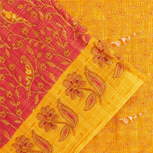 Sanskriti Vintage Sarees Red & Yellow Pure Cotton Printed Sari 5+yd Craft Fabric