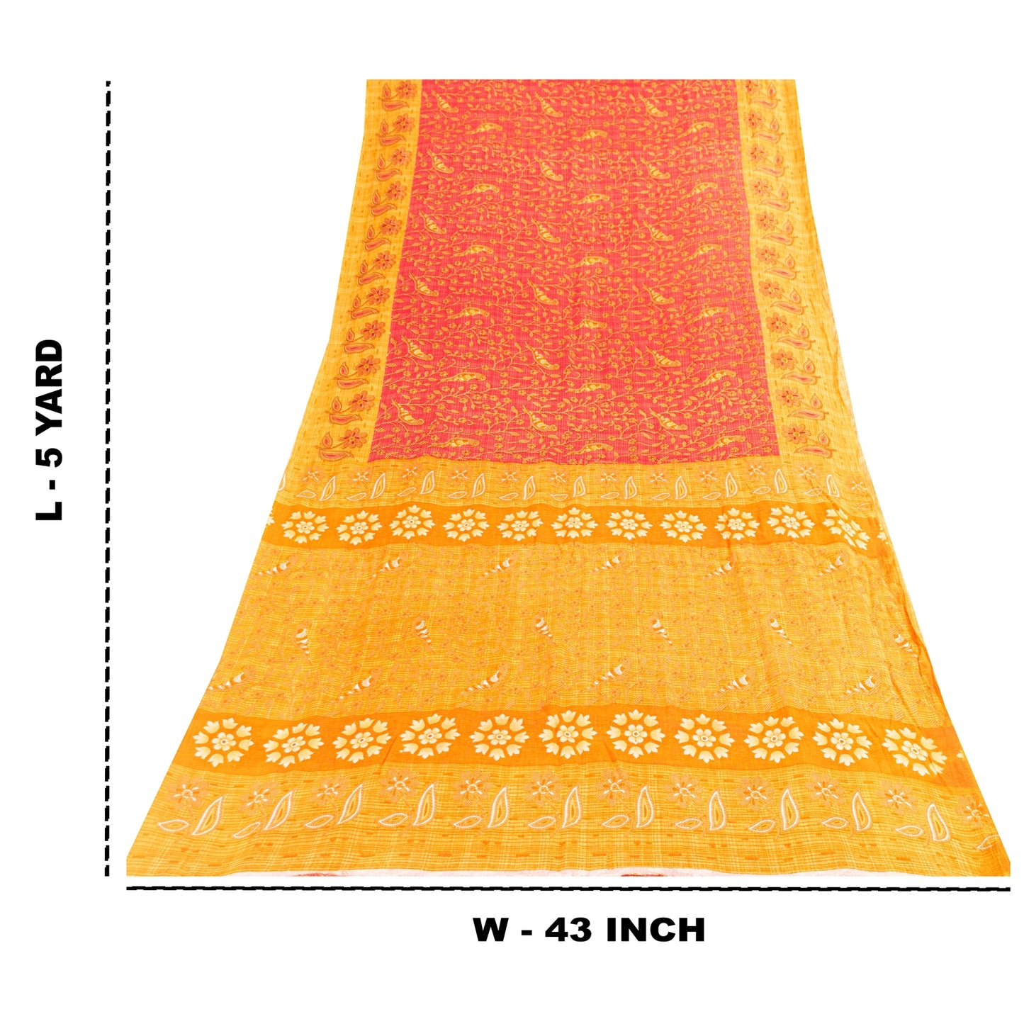 Sanskriti Vintage Sarees Red & Yellow Pure Cotton Printed Sari 5+yd Craft Fabric