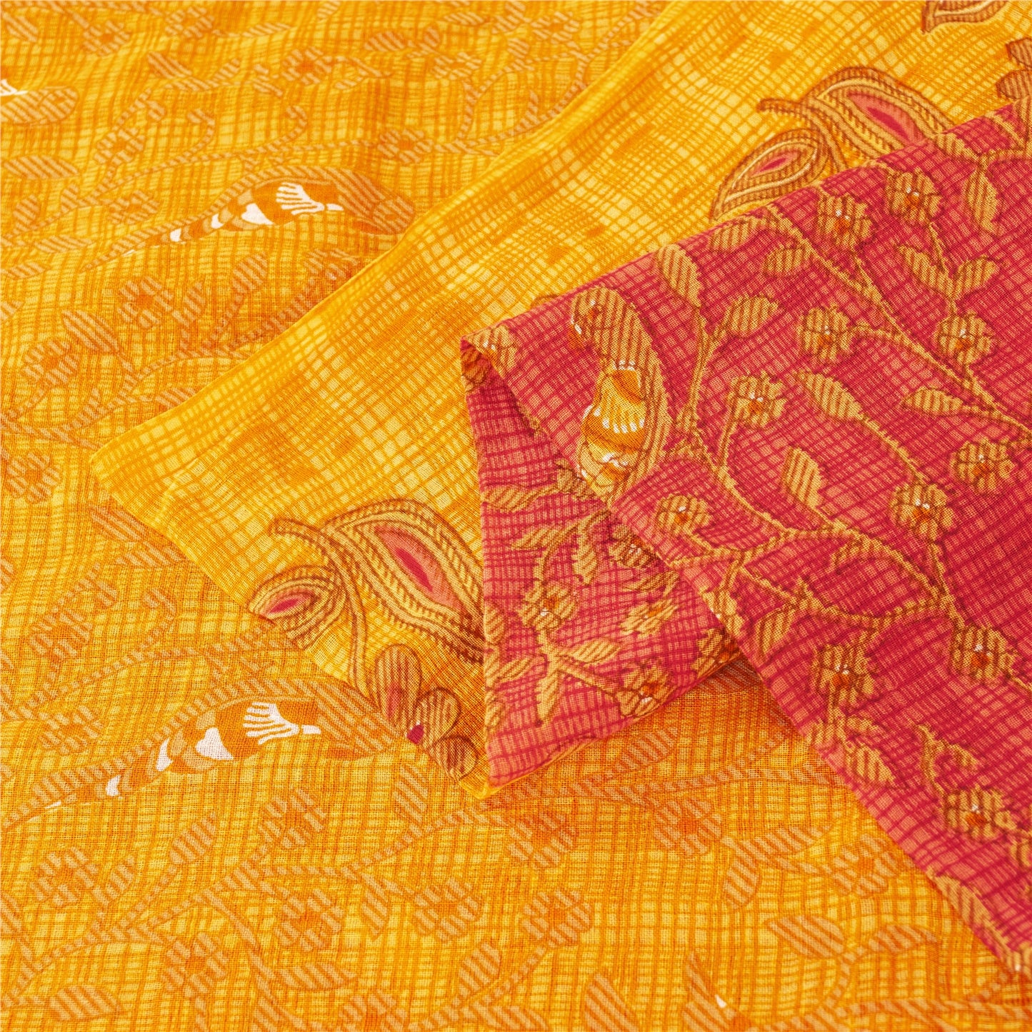 Sanskriti Vintage Sarees Red & Yellow Pure Cotton Printed Sari 5+yd Craft Fabric