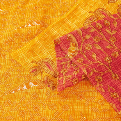 Sanskriti Vintage Sarees Red & Yellow Pure Cotton Printed Sari 5+yd Craft Fabric