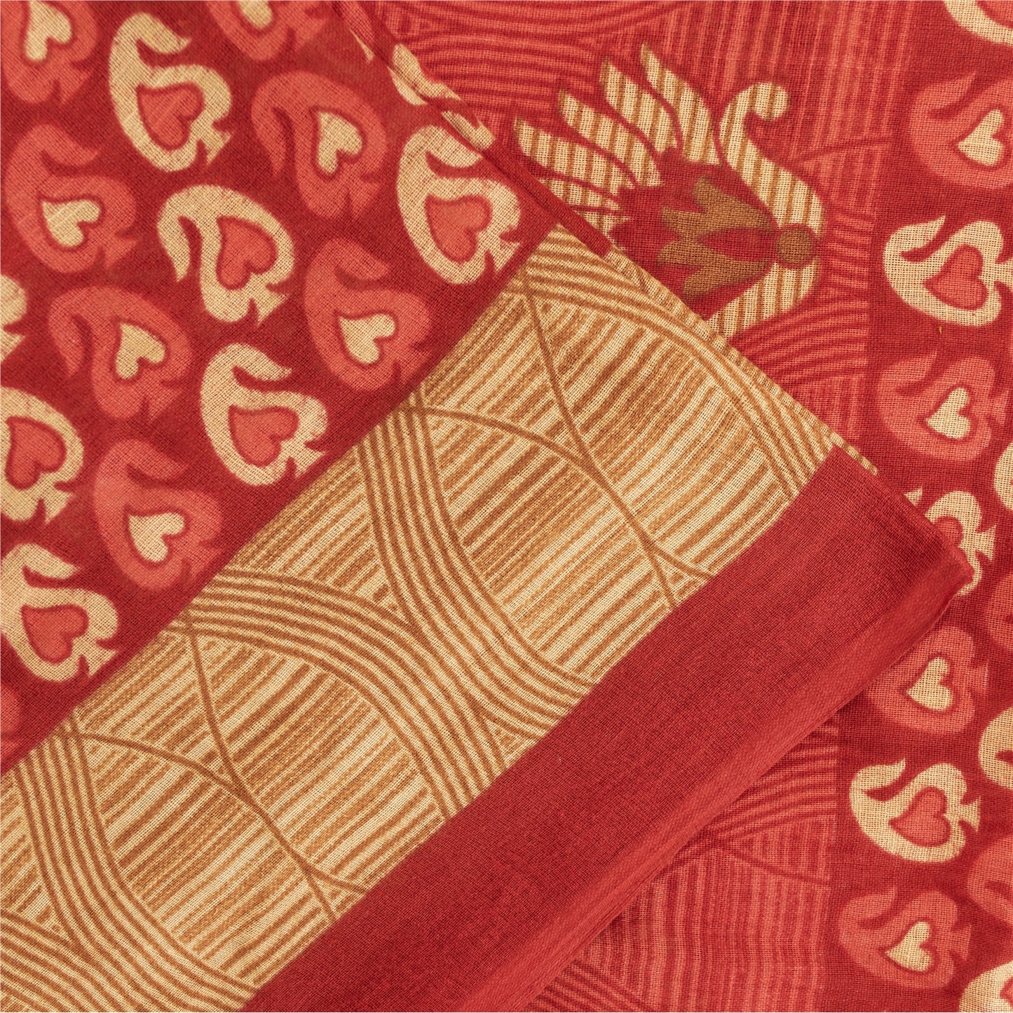 Sanskriti Vintage Sarees Indian Red Pure Cotton Printed Sari 5+yd Craft Fabric