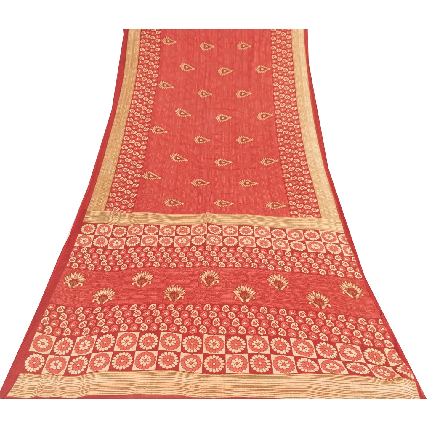 Sanskriti Vintage Sarees Indian Red Pure Cotton Printed Sari 5+yd Craft Fabric