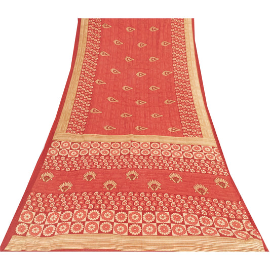 Sanskriti Vintage Sarees Indian Red Pure Cotton Printed Sari 5+yd Craft Fabric