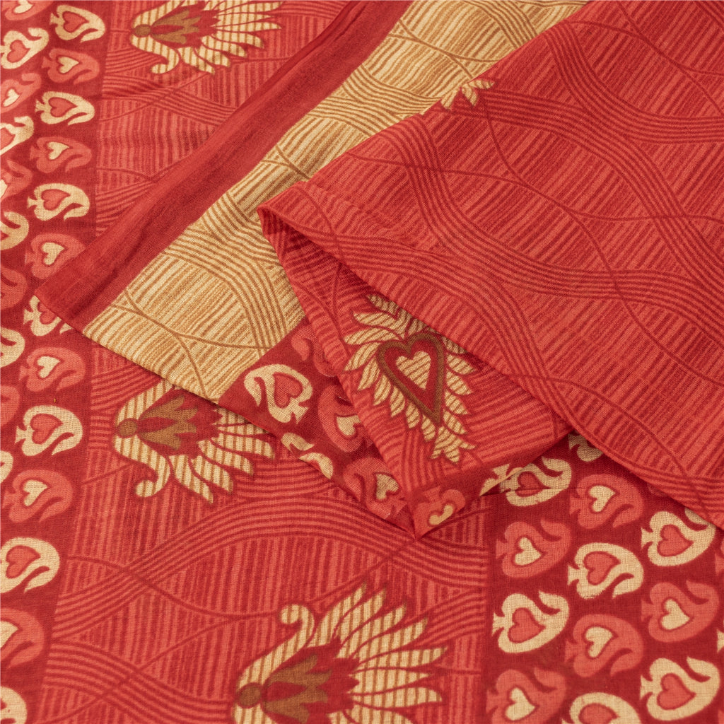 Sanskriti Vintage Sarees Indian Red Pure Cotton Printed Sari 5+yd Craft Fabric