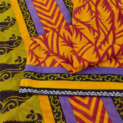 Sanskriti Vintage Sarees Indian Yellow Pure Cotton Print Sari 5+yd Craft Fabric