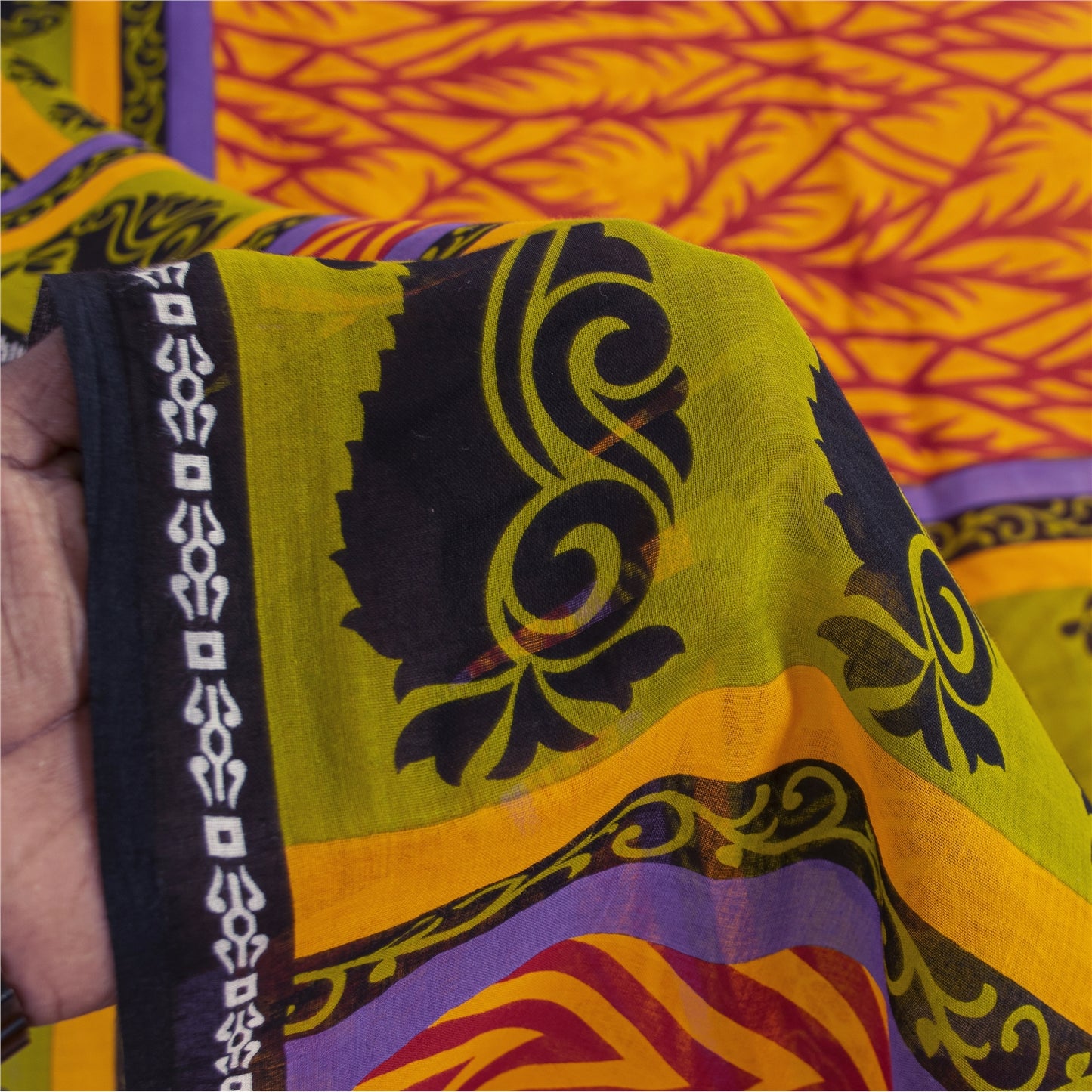 Sanskriti Vintage Sarees Indian Yellow Pure Cotton Print Sari 5+yd Craft Fabric