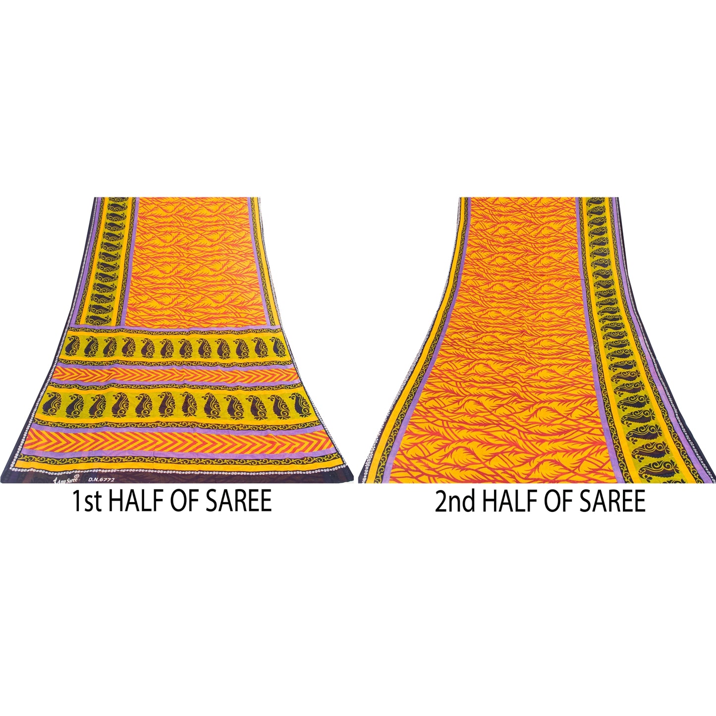 Sanskriti Vintage Sarees Indian Yellow Pure Cotton Print Sari 5+yd Craft Fabric