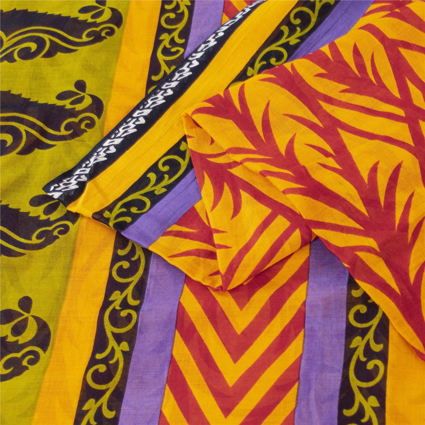 Sanskriti Vintage Sarees Indian Yellow Pure Cotton Print Sari 5+yd Craft Fabric