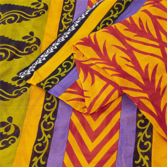 Sanskriti Vintage Sarees Indian Yellow Pure Cotton Print Sari 5+yd Craft Fabric